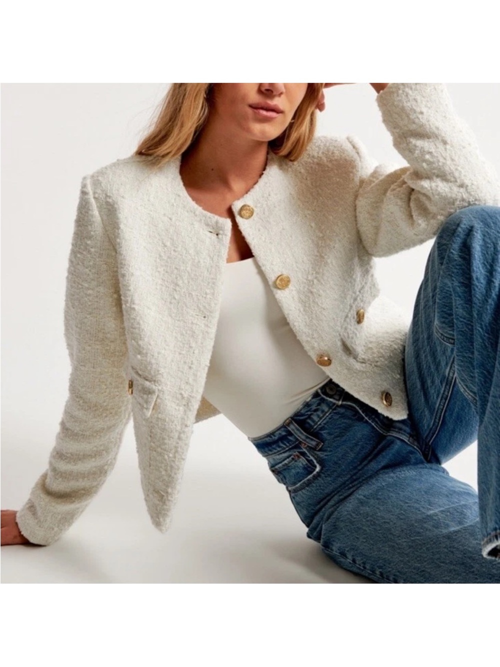 Abercrombie & Fitch Off-White Bouclé Cropped Button Cardigan Wool Blend